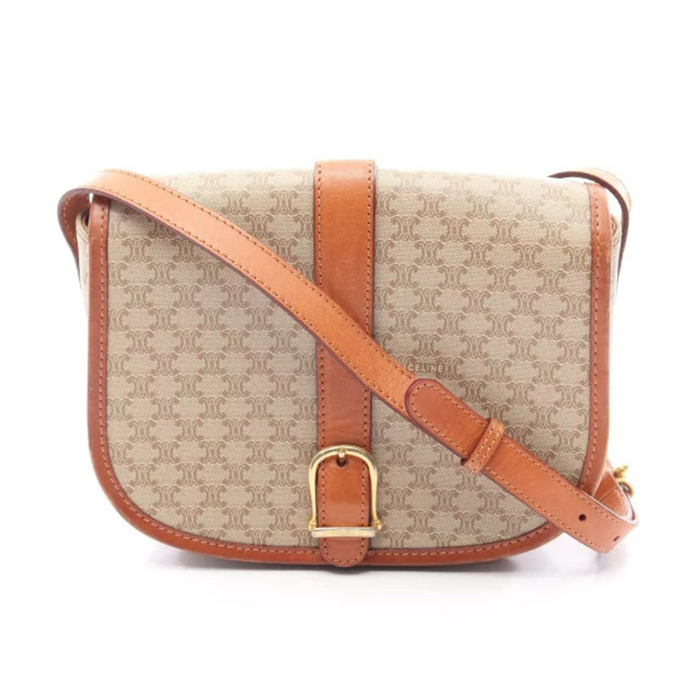 Celine Triomphe Shoulder Bag Canvas Leather Beige Cream Brown